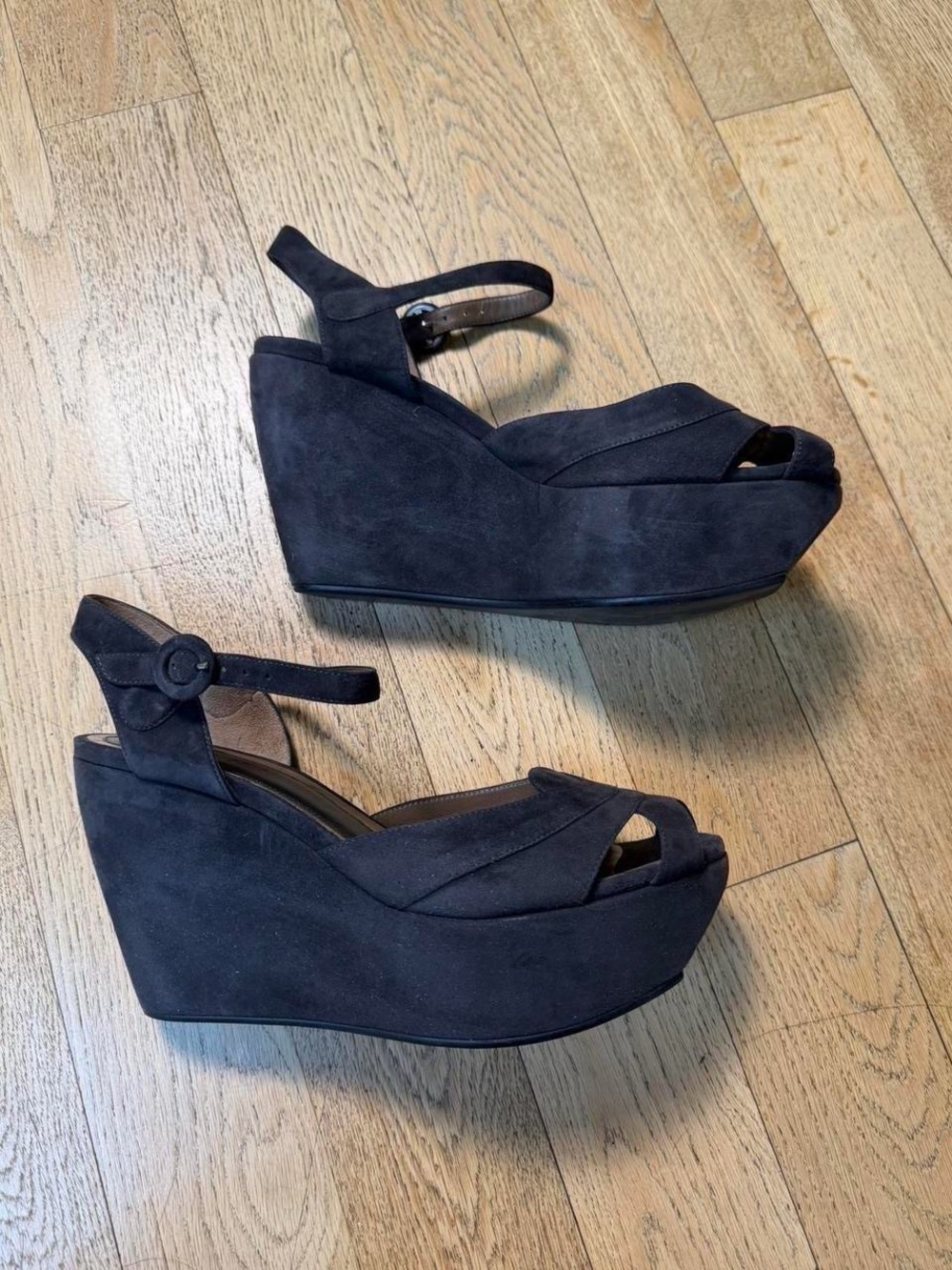 Marni Women’s Gray Suede Wedge Sandals - Ankle Strap Peep Toe